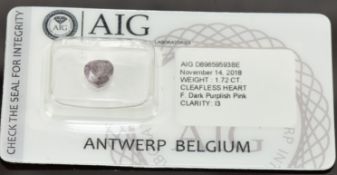 A loose 1.72ct cleafless heart cut dark purplish pink diamond, with certificate