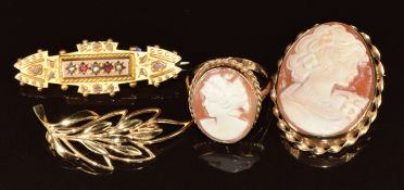 A 9ct gold brooch and ring (size P) each set with a cameo, Edwardian 9ct gold brooch (12.9g) and a