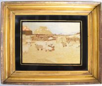 19thC wool work embroidery of sheep in a pen with hayrick, barn and mountains crested with snow,