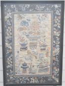 19th / 20th Chinese embroidery of antiques with floral border, 62x42cm