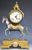 19th century French style mantel clock, supported on a model of a horse, striking on two bells,