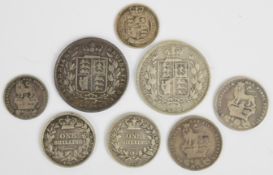 Eight George VI and Victorian coins comprising 1846 and 1885 half crowns, 1825, 1826, 1839 and