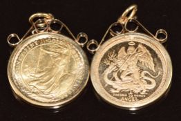 A 9ct gold pendant set with a 1987 one tenth ounce Angel Isle of Man coin (3.8g) and a 9ct gold