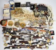 A collection of jewellery and watches including Ingersoll, Timex, silver bangle, three silver rings,