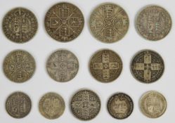 Mainly Victorian coinage comprising two 1889 double florins, 1887 and 1890 half crowns, 1887 godless