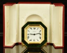Cartier Paris Art Deco style gilt metal travel alarm clock ref. 7507 with simulated green jade