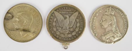 1891 and 1937 crowns and an 1886 US Dollar coin on suspension loop