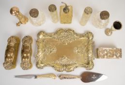 Hallmarked silver mounted items comprising two pairs of dressing table pots or bottles, vinegar or