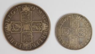 1707 Queen Anne Edinburgh Mint half crown, plain angles, together with a 1711 shilling