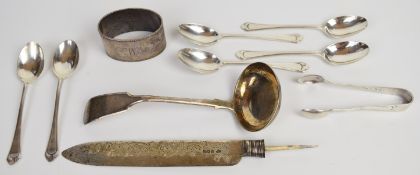 Hallmarked silver items comprising set of six Art Nouveau style teaspoons and tongs, Birmingham