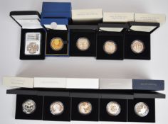 Ten cased limited edition Royal Mint proof £5 silver coins comprising 2023 Coronation, 2022