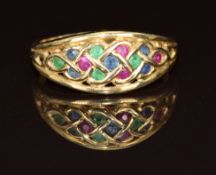 A 9ct gold ring set with rubies, emeralds and sapphires, 1.8g, size L