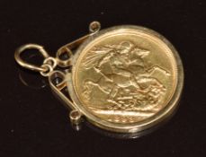 1893 gold full sovereign, with Melbourne mint mark, in 9ct gold pendant mount, 9.7g