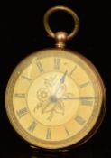 Unnamed 9ct gold open faced pocket watch with blued hands, black Roman numerals, engraved gold