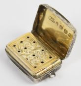Victorian hallmarked silver viniagrette with engraved decoration and pierced and gilt internal
