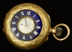 Unnamed 18ct gold keyless winding half hunter pocket watch with blued hands, black Roman numerals,