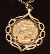 A 9ct gold pendant set with an 1893 gold full sovereign with Melbourne mint mark, on 9ct gold chain,