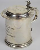 Victorian hallmarked silver lidded tankard in the Georgian style, with heart shaped decoration to