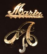Two 18ct gold brooches, one in the form of an 'A' and the other 'Maria', 5.6g