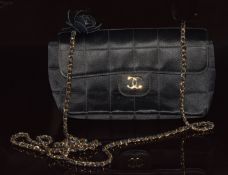 Chanel black satin Camellia Choco Bar shoulder bag of quilted design with gold plated hardware,