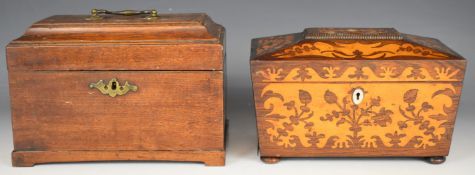 Two 19thC tea caddies comprising a marquetry two division and mahogany three division, the largest