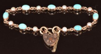 A c1900 9ct rose gold bracelet set with pearls and turquoise cabochons, with later heart padlock