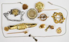 A collection of jewellery including Edwardian stick pin set with seed pearls, 9ct gold stick pin
