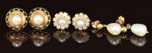 Two pairs of 9ct gold earrings set with pearls (3.7g) and a pair of silver gilt earrings set with