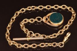 A 15ct gold Albert made up of triple oval links (32g) with 18ct and 9ct gold swivel fob set with