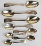 Georgian and later hallmarked silver fiddle pattern cutlery comprising three table spoons, one