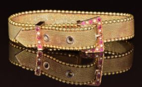 Edwardian 9ct gold buckle bracelet made up of mesh bracelet and sphere border, the buckle set with
