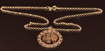 A 9ct gold pendant with Chinese character decoration (3cm) on 9ct gold chain, 46cm, 8.2g