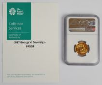 Proof 1937 George VI gold full sovereign, in NGC slab graded PF64, with Royal Mint Collector