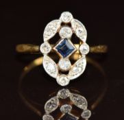 Art Deco 18ct gold ring set with a square cut sapphire and diamonds, 1.9g, size L