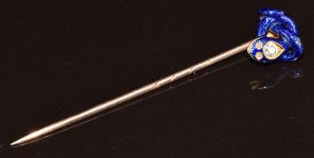 Victorian yellow metal stick pin in the form of a serpent, set with old cut diamonds and blue