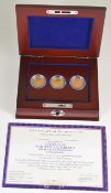 Cased set of three portraits of Queen Victoria gold half sovereigns comprising 1874 bun head