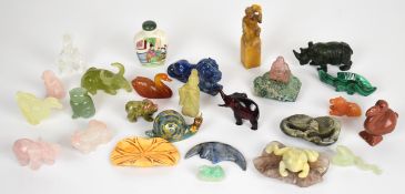 A collection of Chinese jade or similar hardstone / glass figures, cloisonné snail, possibly