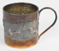 Burmese or similar silver mug with embossed decoration of animals, height 6cm, weight 94g
