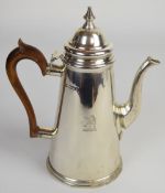 Edward VII hallmarked silver coffee pot of plain tapering form, London 1905, maker Theodore Rossi,