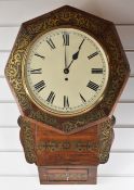 19th century rosewood and Boulle style brass inlaid fusee wall clock with white painted dial and