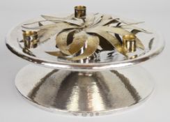 Devlin style retro hallmarked silver centrepiece with hammered decoration and leaf spray