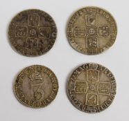 Four 17th and 18th century coins comprising 1689 William and Mary threepence and 1711 Queen Anne and