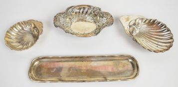 Hallmarked silver dishes comprising pen tray, shell shaped dish, pierced Victorian bon bon dish