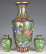 Three Chinese cloisonné vases, tallest 28cm