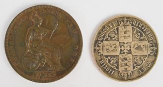 Queen Victoria 1853 bun head copper penny, plain trident, nicely toned VF+ together with an 1858