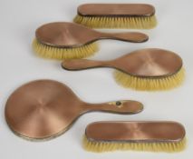 Art Deco George V hallmarked silver and pink guilloché enamel dressing table set comprising hand