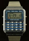 Compu Chron Alarm Calculator gentleman's wristwatch with digital display, on stainless steel