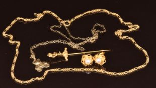 A 9ct gold chain (38cm), 333 chain (44cm), 9ct gold Teddy bear charm, 9ct gold 'Royal Signals' stick