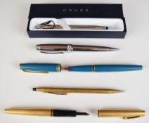 Five various pens including a Montblanc fountain pen, Cross and Sheaffer, one in original box
