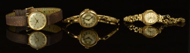 Three ladies wristwatches comprising Buren 9ct gold with blued Breguet hands and Arabic numerals